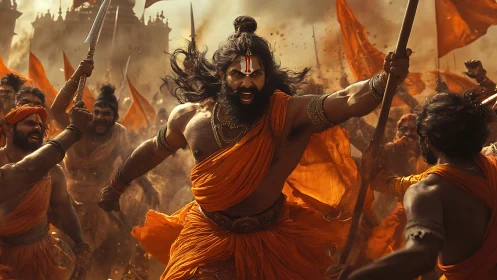 Warrior leader in orange robes charging into battle scene.