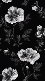 Nocturnal Blooms Dance: White Flowers on Black Canvas.