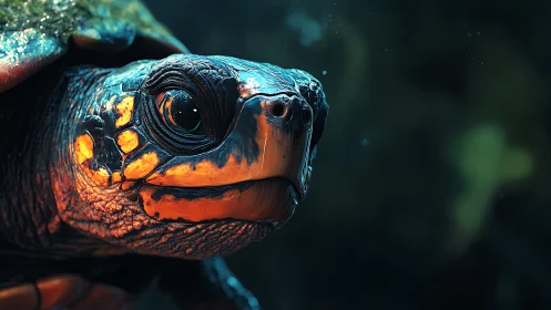 Macro close-up of aquatic turtle head with orange bioluminescent glow