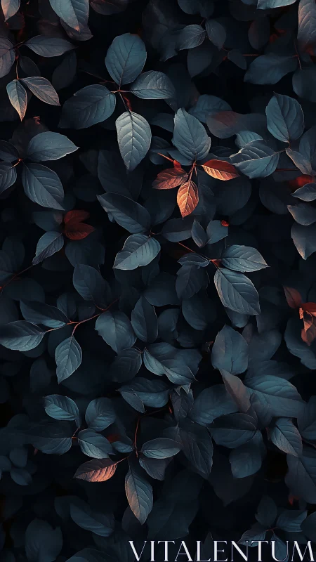 Dark foliage field contrasts cool blue leaves with ember tones