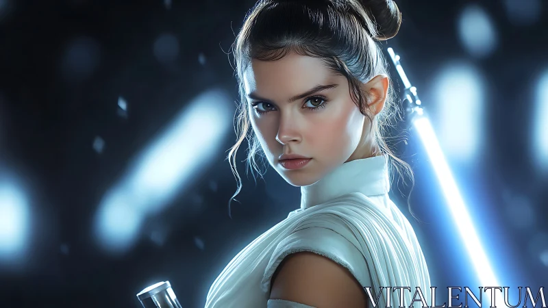 Young space warrior poised with glowing blade of light.