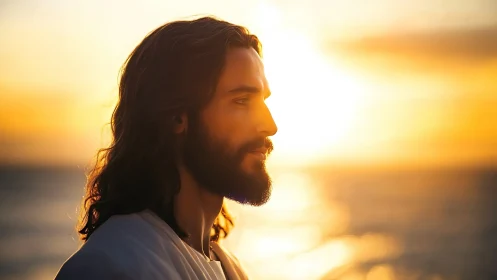 Bearded man in profile stands against intense ocean sunset light