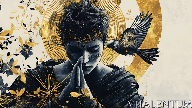 Golden haloed youth in prayer with black bird companion.