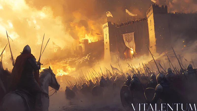 Medieval cavalry leading siege on burning fortress at dusk