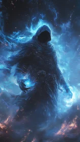 Cosmic hooded sorcerer emerges from swirling blue nebula