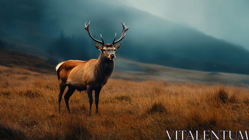 Photorealistic stag portrait in misted alpine grassland field.