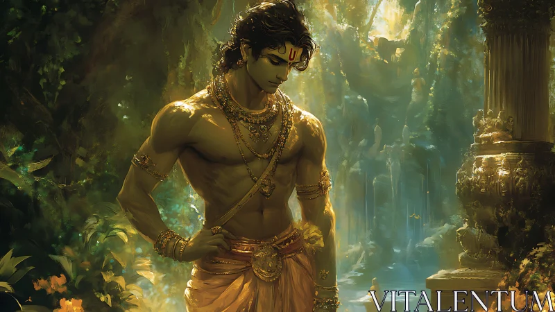 Male figure in ornate attire within dense forested ruins.