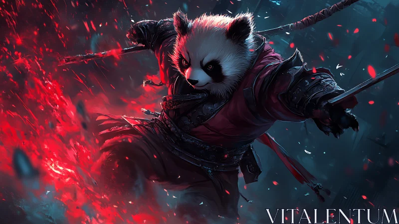 Dynamic panda swordsman in cinematic digital battle scene.