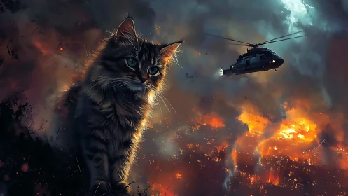 Digital painting of heroic cat against burning cityscape sky.