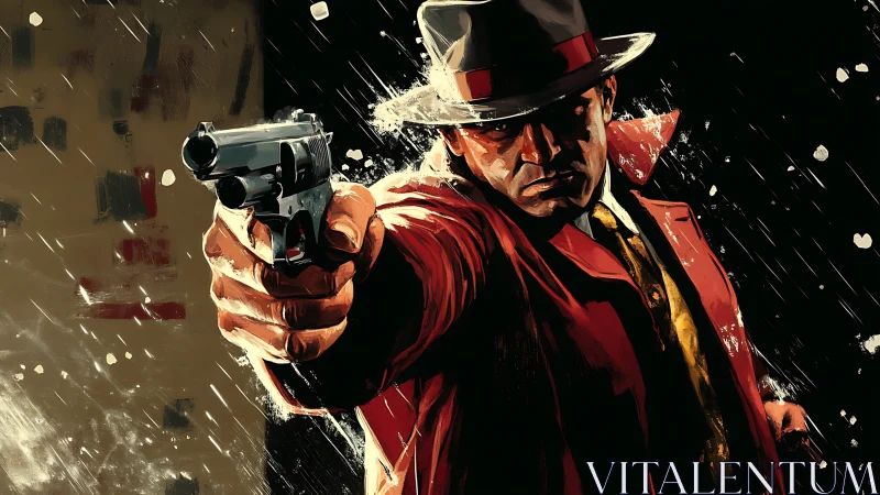 Noir gunman in red trench coat aiming forward in rain.