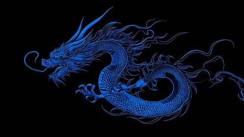 Blue line art depiction of coiled Chinese dragon profile.