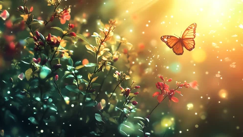 Sunlit monarch butterfly hovers above glowing bokeh garden