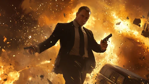 Secret agent strides from fiery explosion in slow motion.