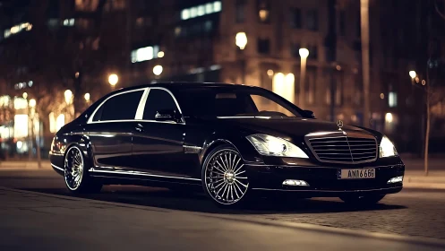 Midnight luxury sedan glows softly under warm city lights