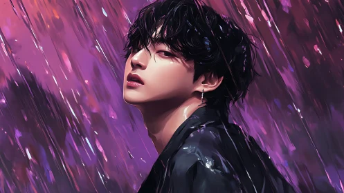 Young man in stylized rain with vivid purple motion streaks