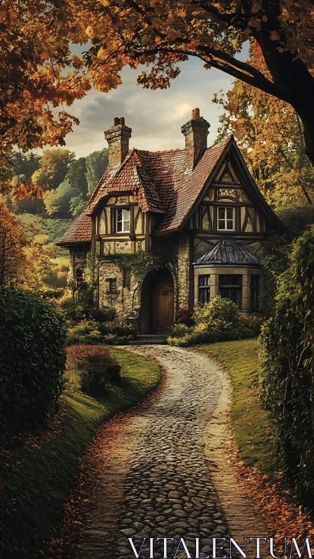 Autumn-lit cobblestone path to rustic half-timbered cottage
