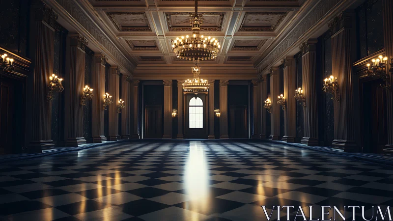 Grand chandelier hall glowing over a quiet checkerboard floor.