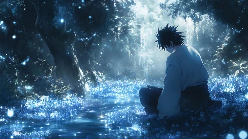 Quiet blue forest retreat with a lone thoughtful wanderer.