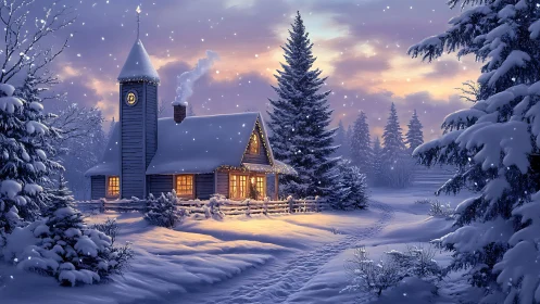 Snow-covered cabin and tower stand in illuminated winter landscape