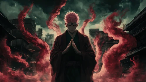 Crimson shaman amid stormlit city, summoning cursed flames.