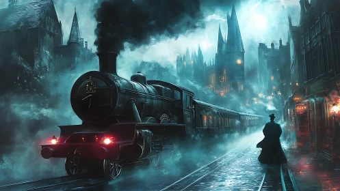 Midnight steam train slides into a haunted neon city of fog