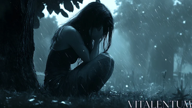 Girl weeps alone in the rain under a shadowed tree