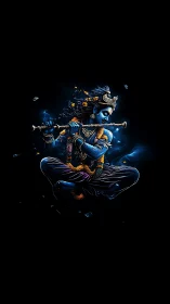 Blue divine musician floats in dark cosmic void