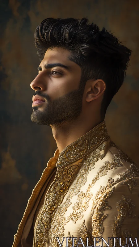 Regal portrait highlights ornate golden embroidered sherwani.