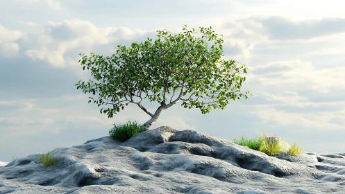 Lone tree on rocky hilltop in soft sunlight, realistic landscape.
