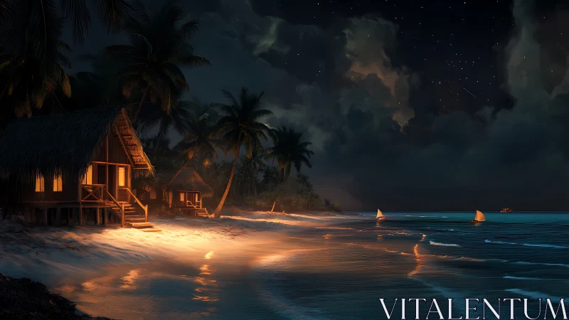 Tropical Nocturnal Refuge: Illuminated Stilt Architecture on Starlit Beach.