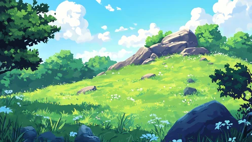 Sunlit hillside meadow with rocky outcrop in anime style.