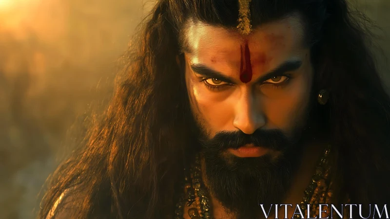 Close portrait of long haired man with tilak in warm light.