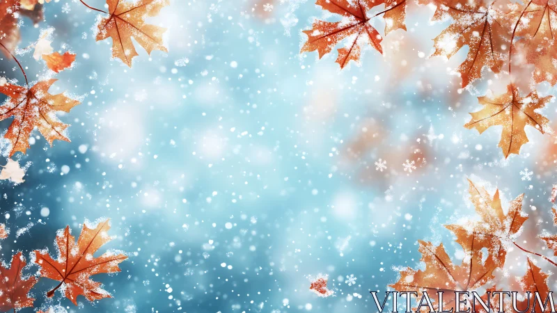 Frosted autumn maple leaves around soft snowy blue field.