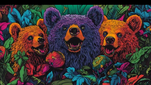 Colorful bear trio in dense neon jungle foliage.