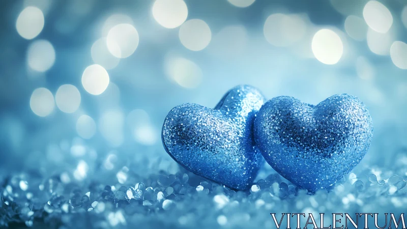 Two Sparkling Hearts Connected in a Dreamy Blue Moment.