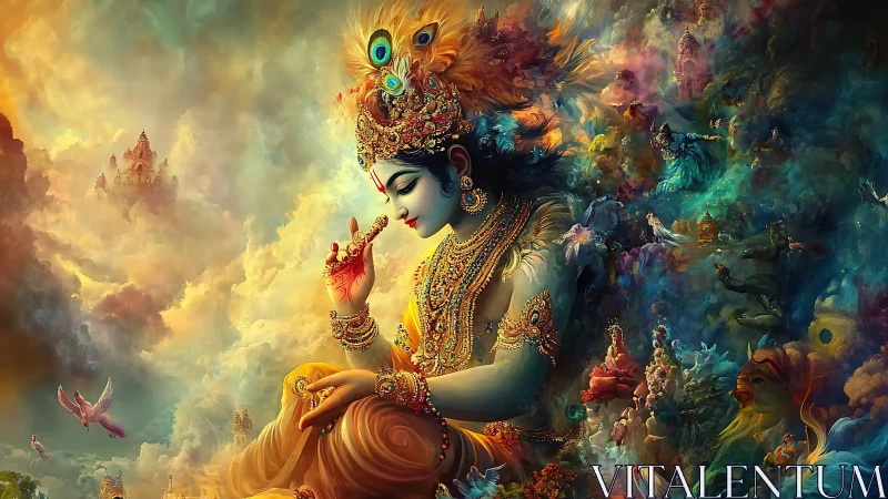 Divine flute player rests in swirling celestial clouds