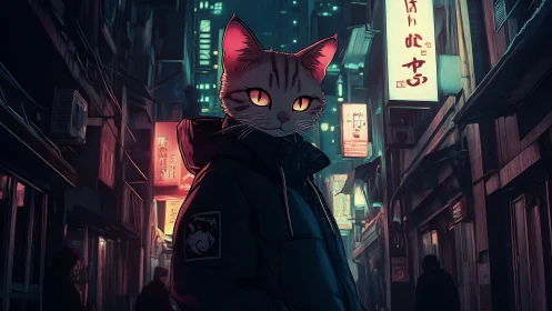 Anthropomorphic cat figure in neon lit urban alleyway at night.
