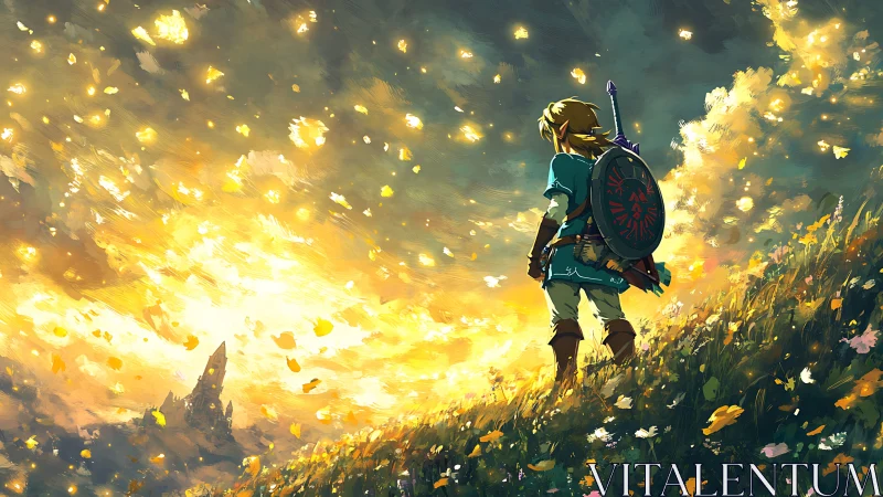 Lone hero gazes into a wildfire sky of golden embers.