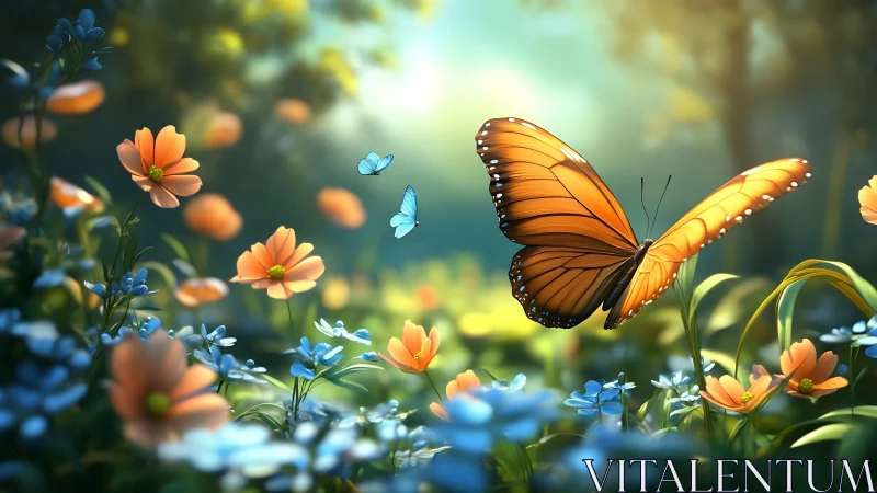 Sunlit monarch butterfly gliding above glowing meadow blooms.