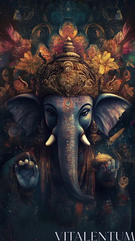 Ornate elephant deity portrait with luminous floral crown