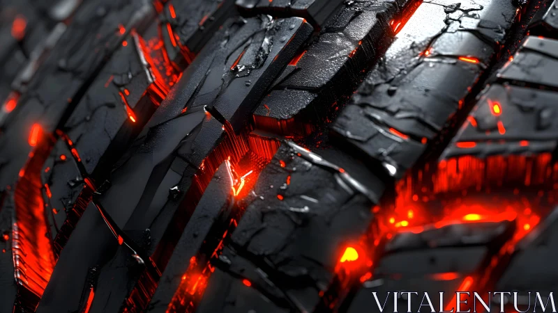 Close-up of rugged tire tread glowing with fiery red light, hyper-realistic.