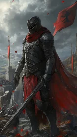 Armored figure stands with sword before distant fortress