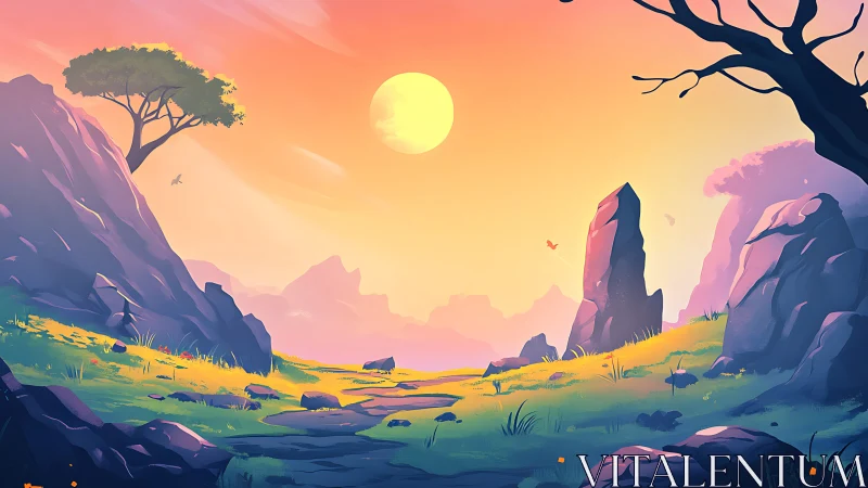 Sunlit fantasy valley under vivid pastel sky at dusk.