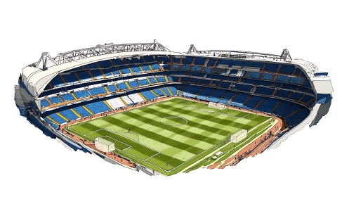 Digital stadium illustration with detailed football pitch.