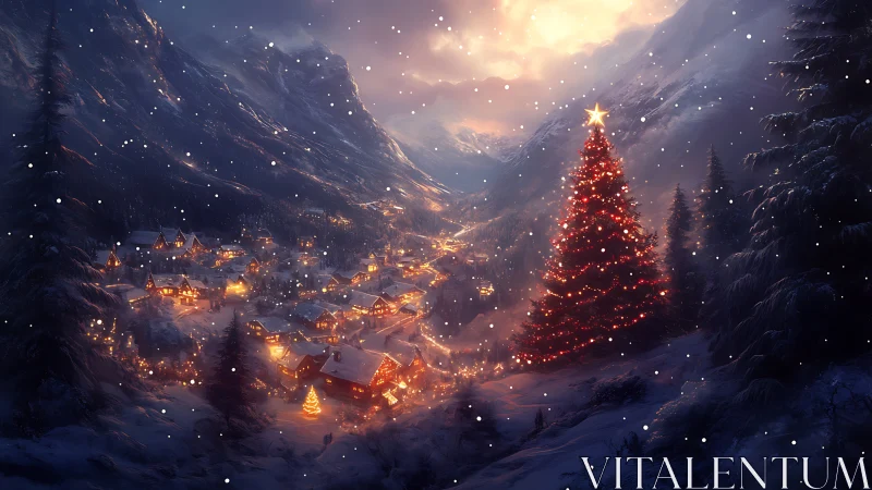 Starlit alpine village crowned by a towering crimson Christmas tree.