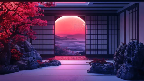 Futuristic shoji room framing red planet over misty valley.