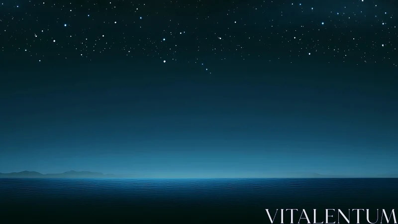 Nocturnal seascape with gradient sky, distant silhouettes and stars