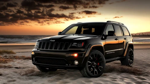 Midnight-black beach SUV prowling under ember-kissed sunset.