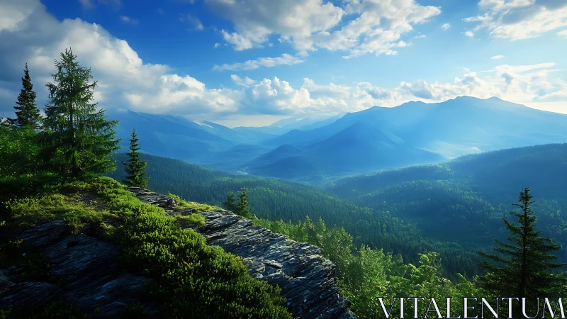 Sunlit alpine ridge overlooks deep blue forested valley