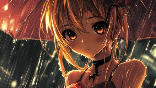 Anime portrait captures rain-soaked girl under glowing umbrella